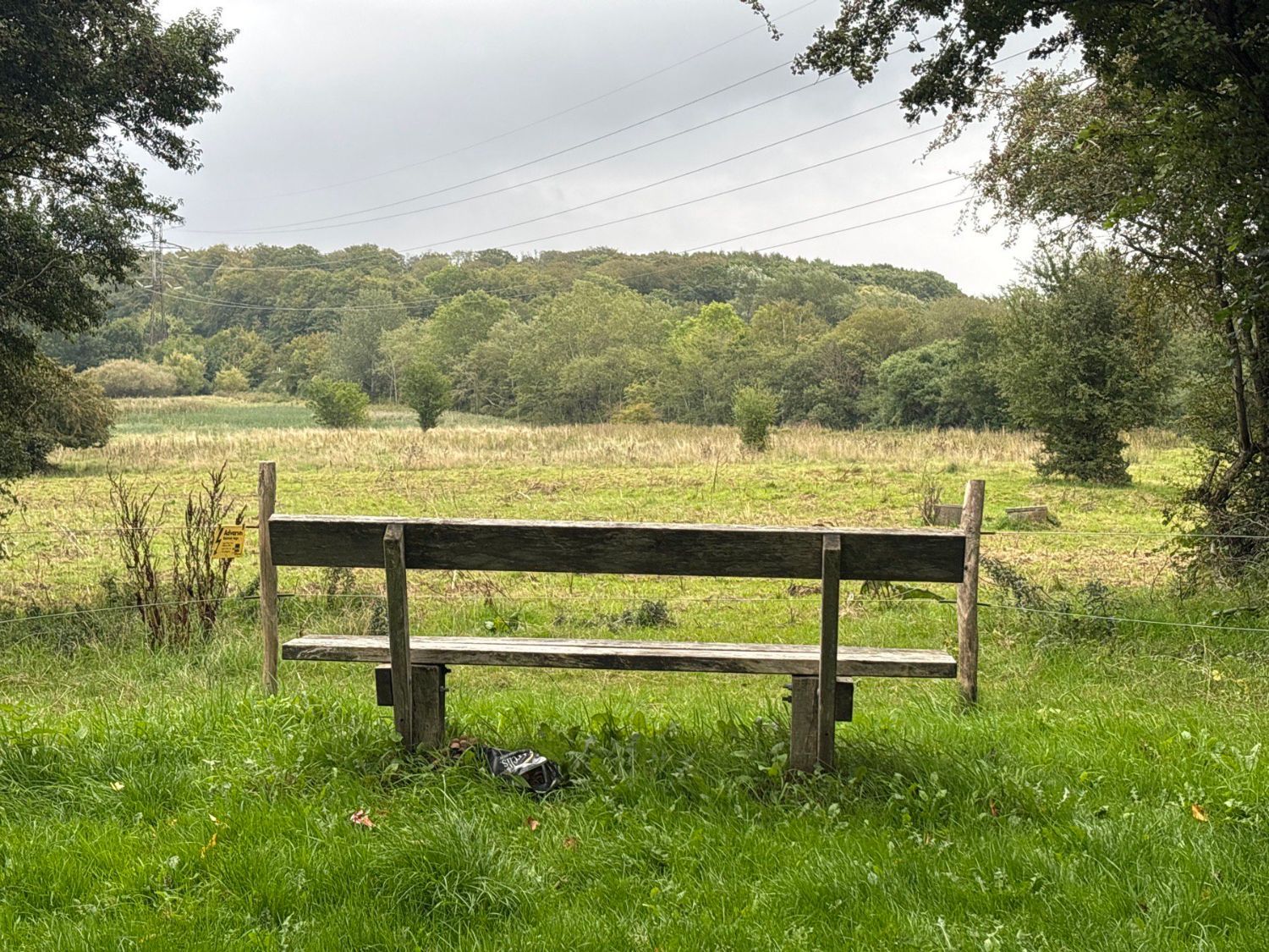A weathered wooden bench seen from behind, facing an open meadow and a wooded hill on an overcast day