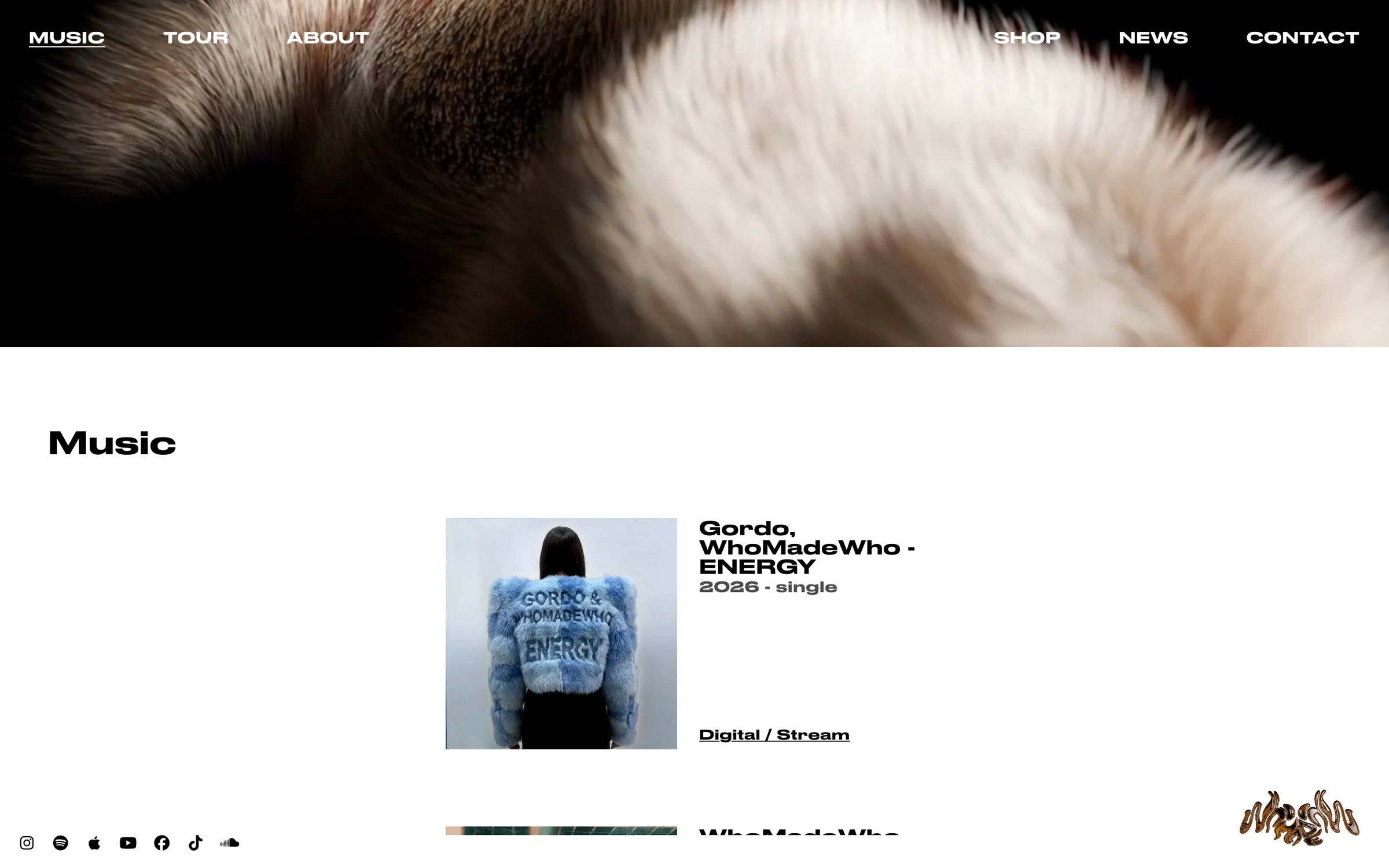 The WhoMadeWho music page on desktop, a close-up fur video across the top and the Gordo & WhoMadeWho single ENERGY below