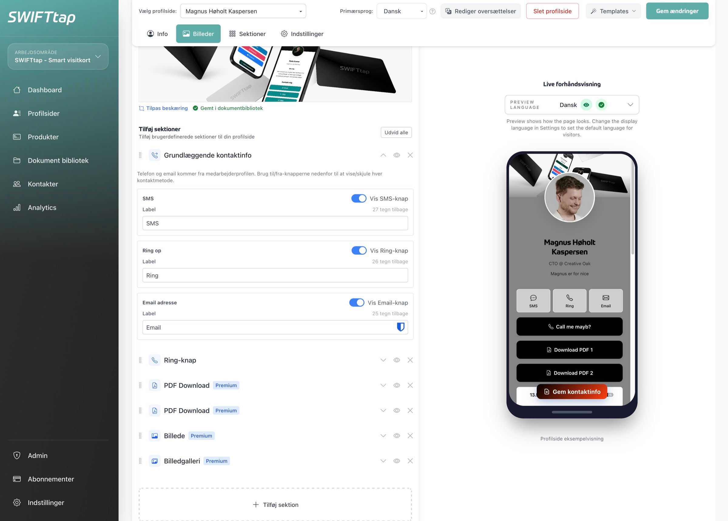 The profile page editor, contact buttons, PDF downloads and gallery sections on the left, a live phone preview of the profile on the right