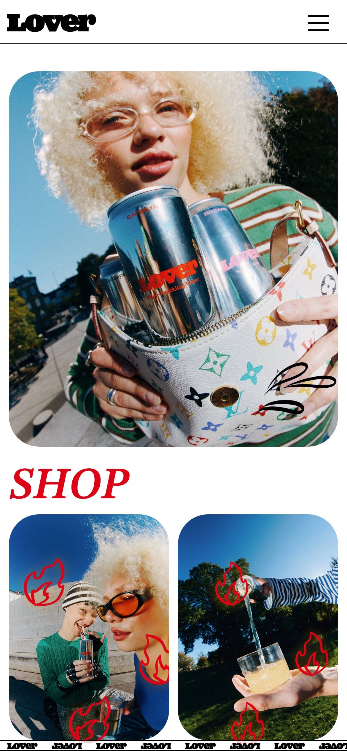 The Lover home page on a phone, a woman holding a handbag full of chrome cans above a red “Shop” heading and two more rounded photos