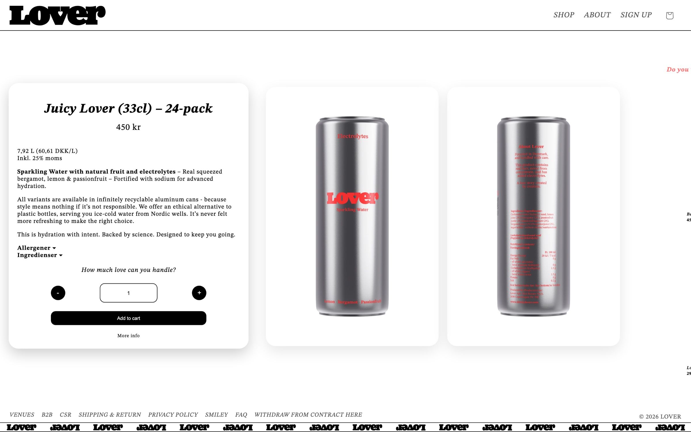 The Juicy Lover 24-pack product page on desktop, price, description and a quantity picker asking “How much love can you handle?” beside the front and back of the can