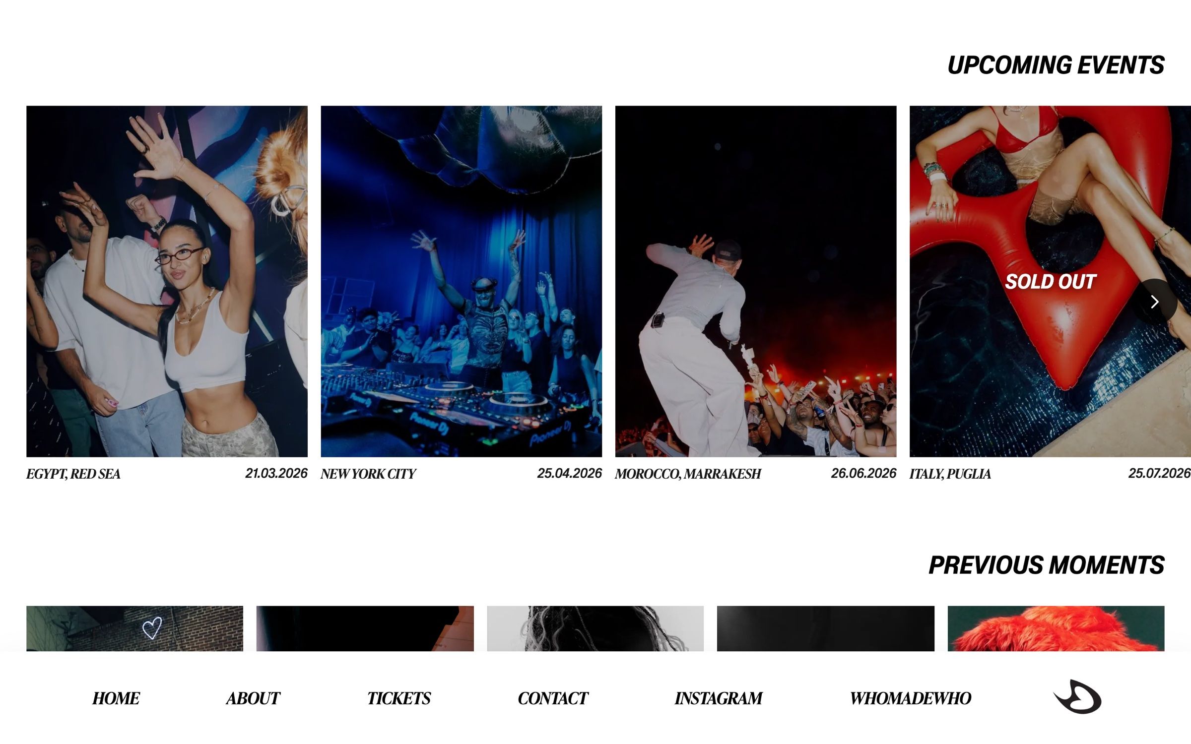 The About page on desktop, a row of upcoming events as tall photos with city names and dates