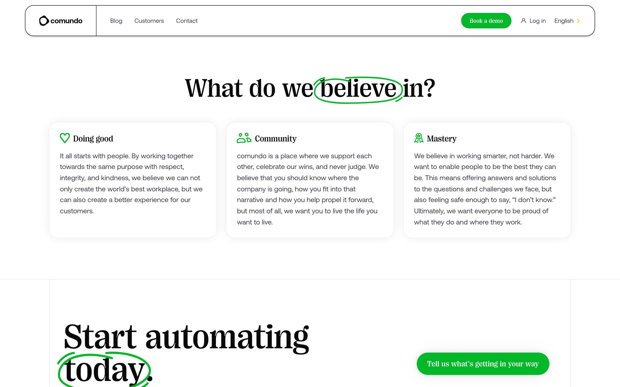 The About page on desktop, three value cards for doing good, community and mastery, each with a green line icon