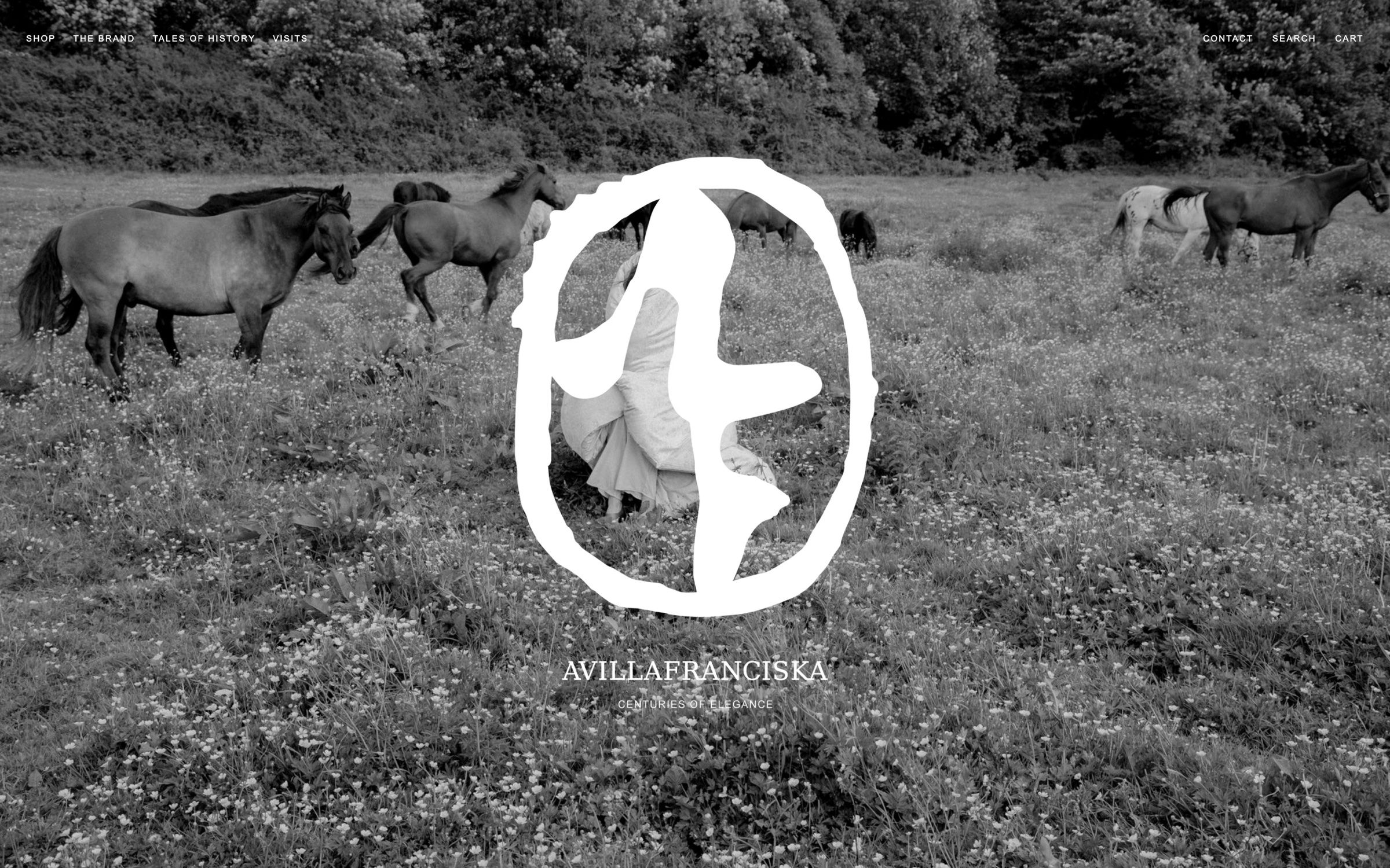 The Avillafranciska home page on desktop, black-and-white horses in a meadow behind the brand’s hand-drawn logo