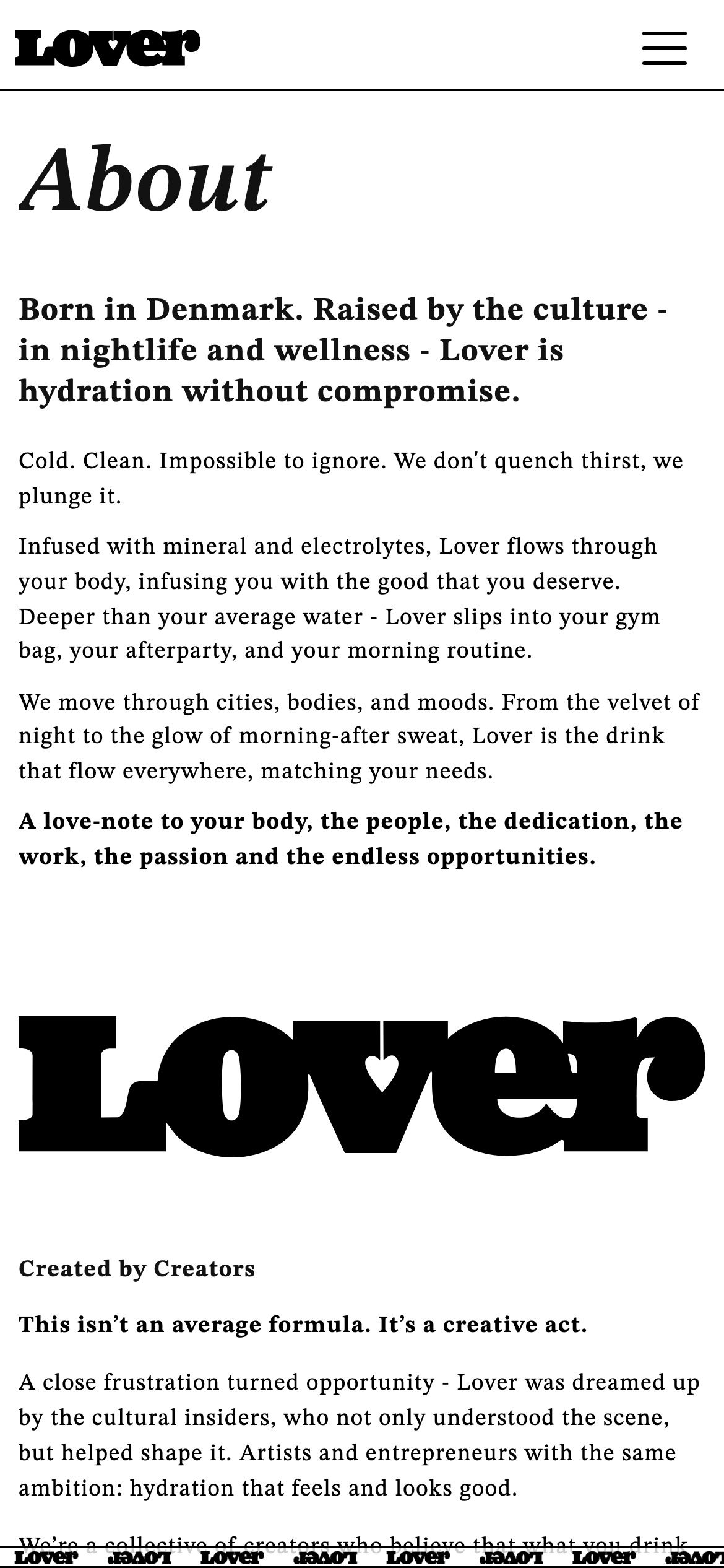 The About page on a phone, “Born in Denmark. Raised by the culture” above short paragraphs and a big black Lover wordmark
