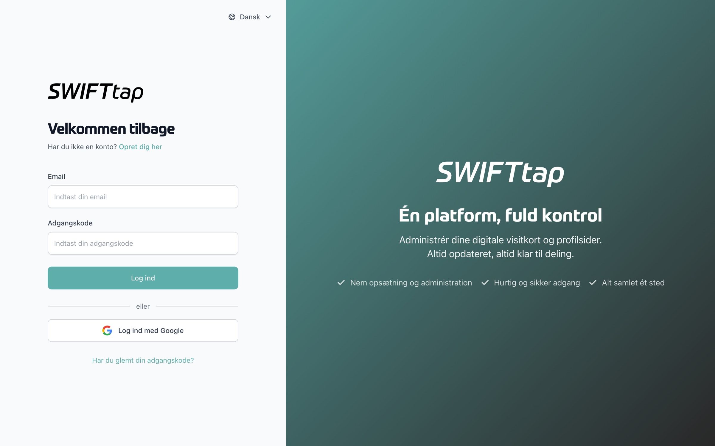The platform’s sign-in page on desktop, email and Google sign-in beside a teal panel with the SWIFTtap logo