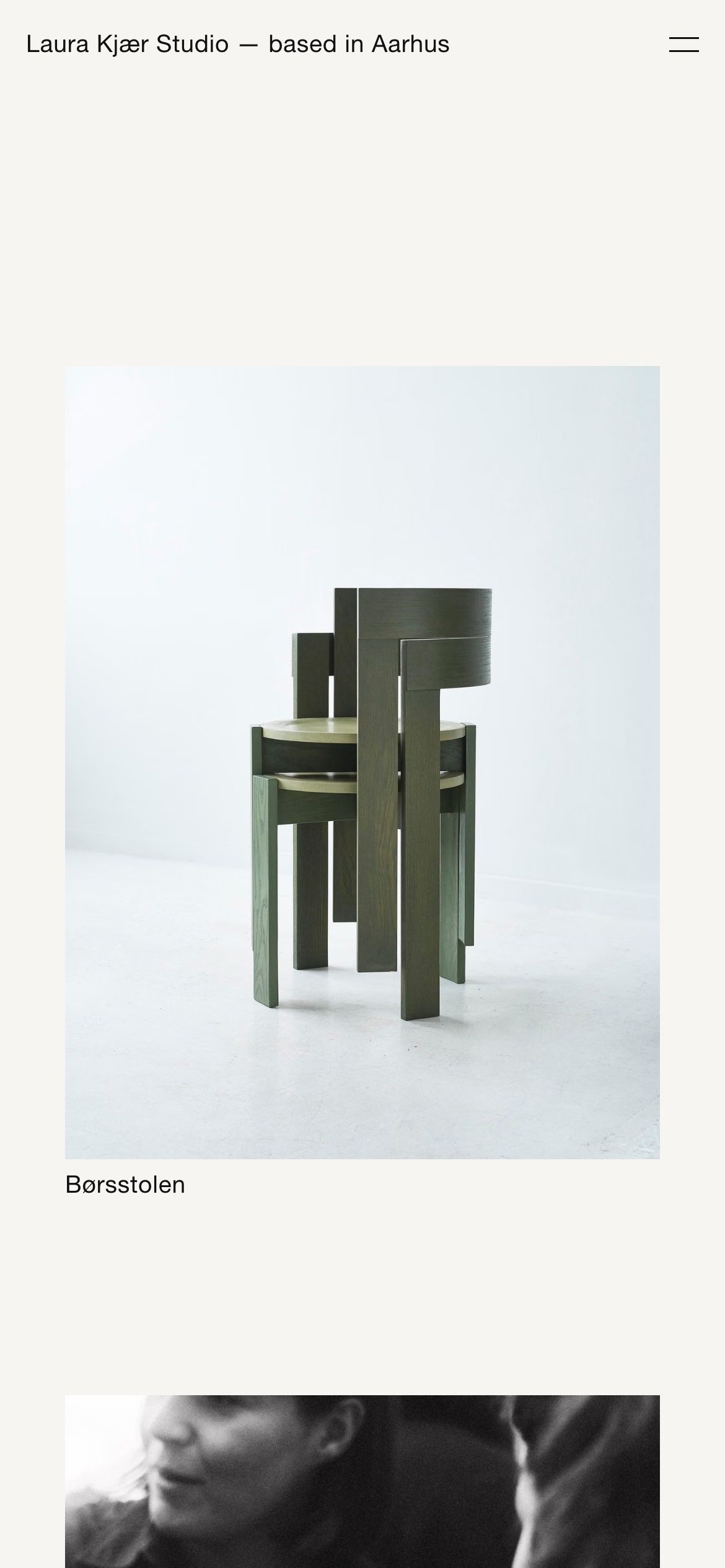 The home page on a phone, the Børsstolen chair under the studio name and a two-line menu button