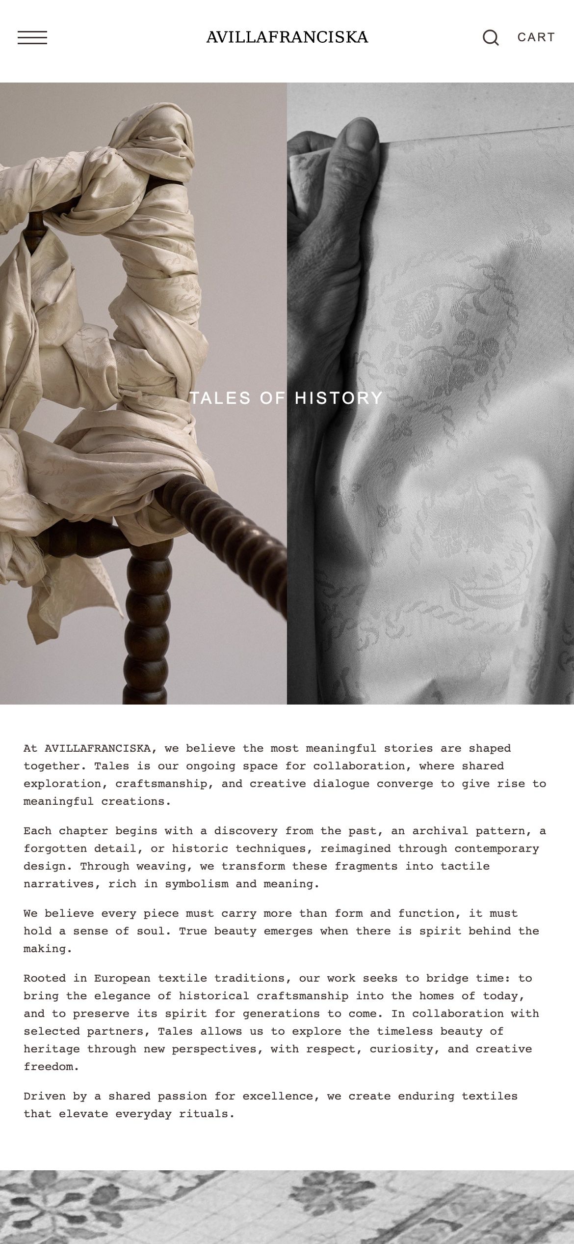 The Tales of History page on a phone, knotted fabric on a spindle chair beside a jacquard close-up, above the intro text