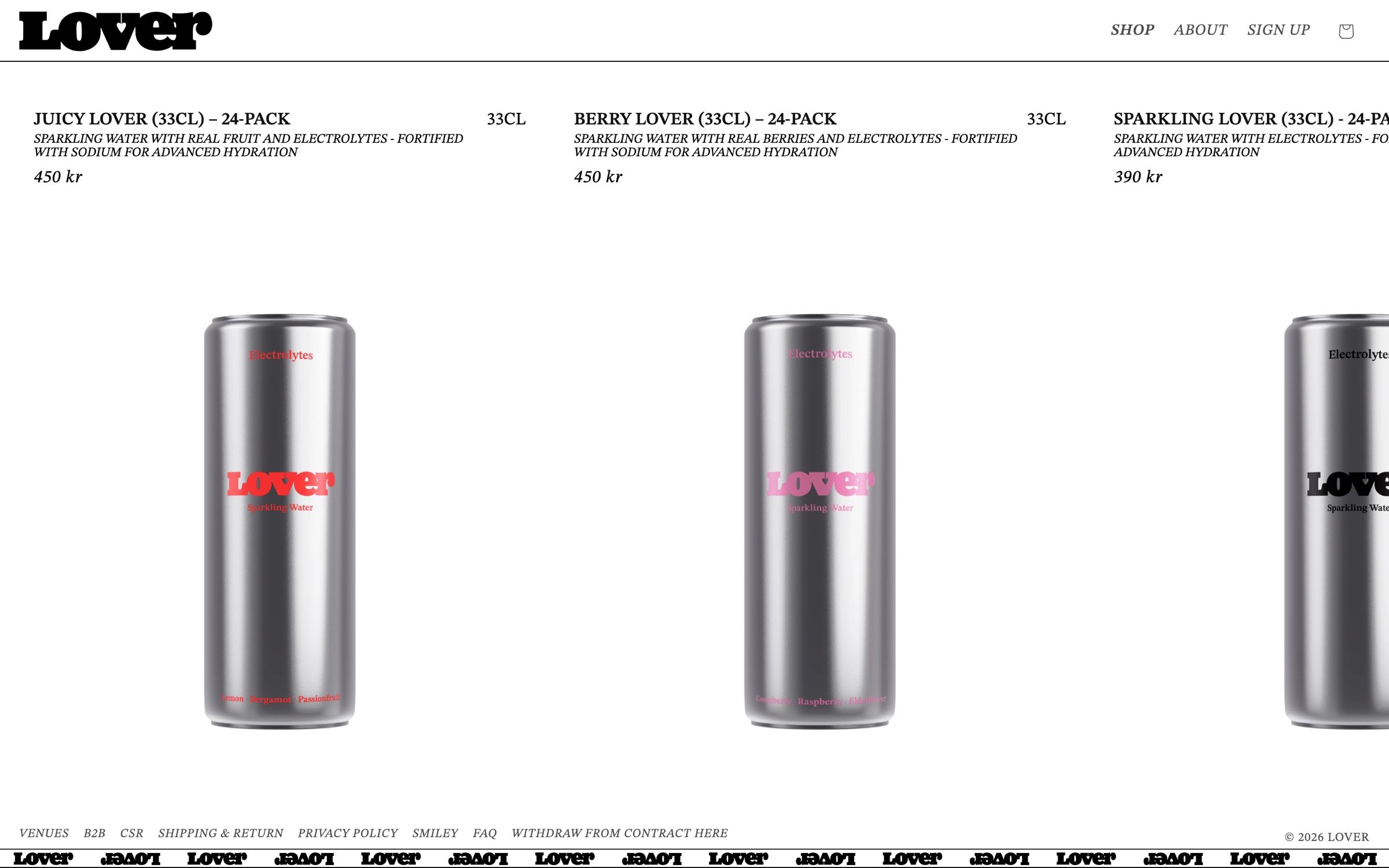 The Lover shop on desktop, the Juicy, Berry and Sparkling 24-packs side by side with names, prices and chrome cans