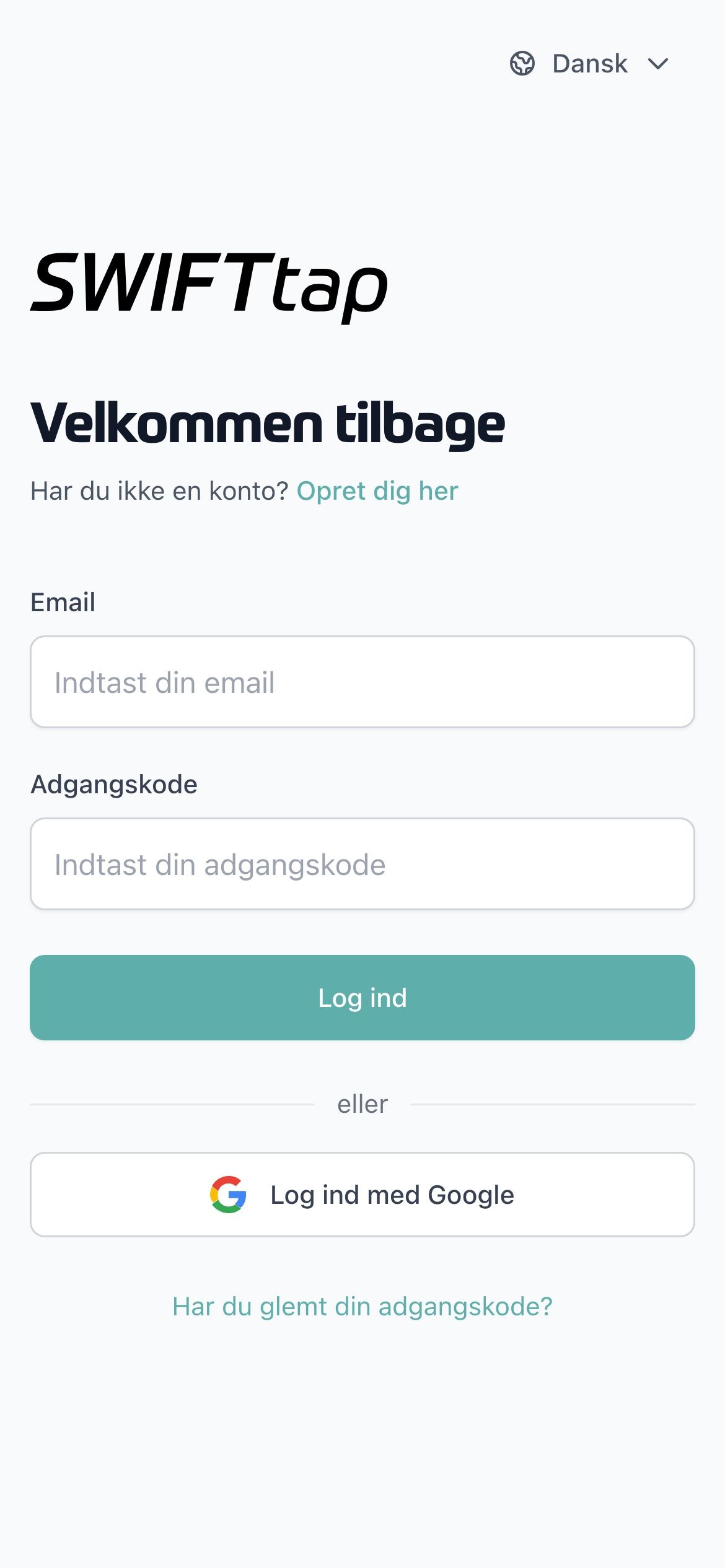 The sign-in page on a phone, the SWIFTtap logo above email, password and Google sign-in