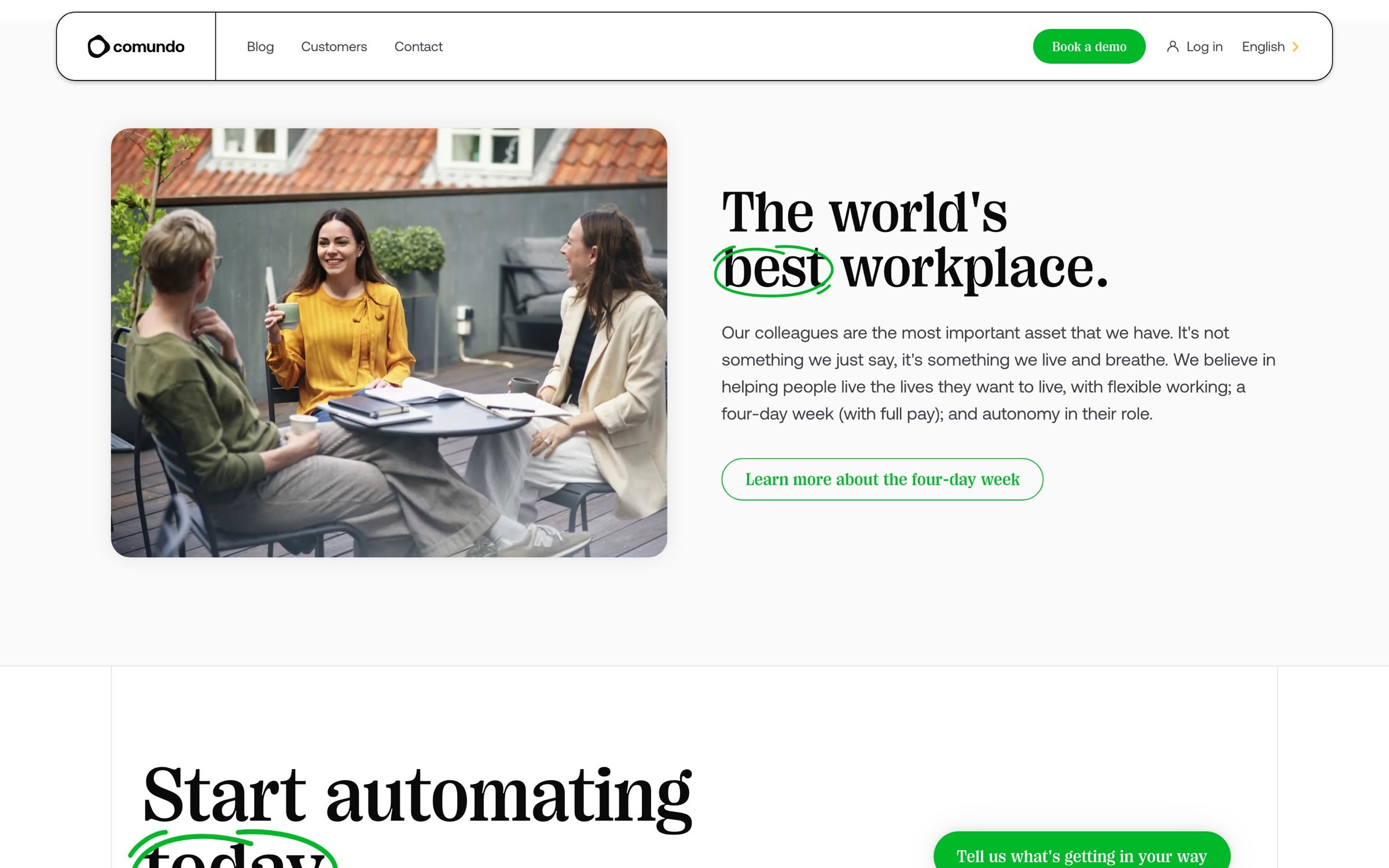 The workplace section on the home page, colleagues on a roof terrace beside the heading “The world’s best workplace” and a link to the four-day week