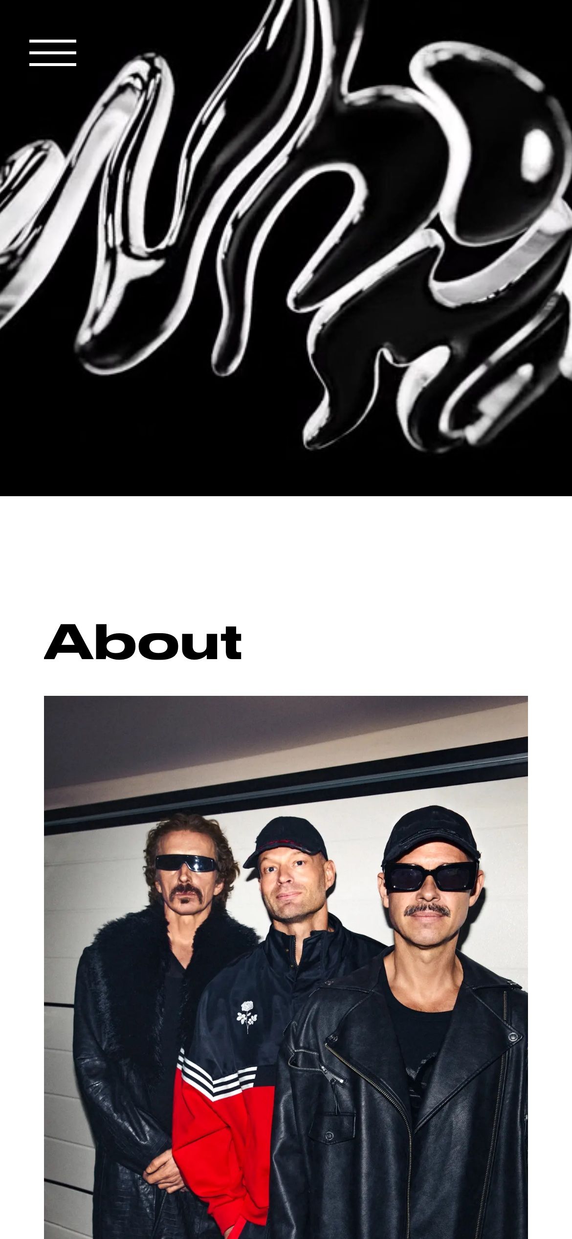 The about page on a phone, the chrome logo video above a photo of the band