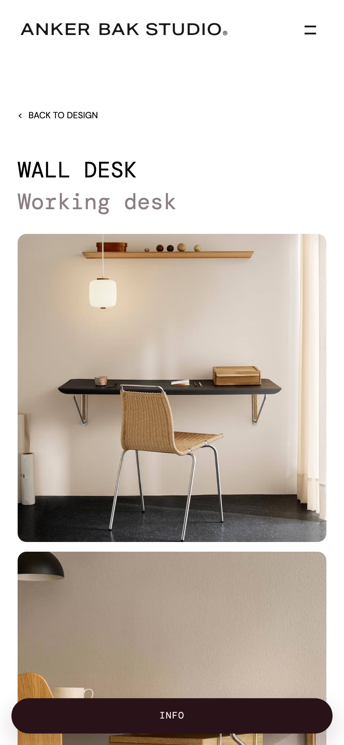 The Wall Desk page on a phone, the title and subtitle above photos of the desk, with an info button along the bottom