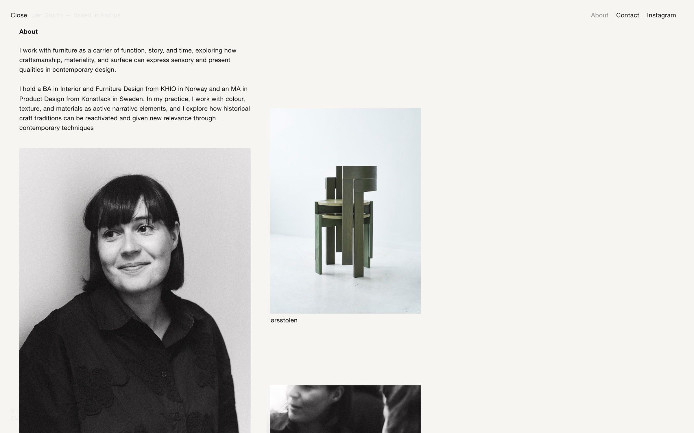 The About drawer on desktop, Laura’s bio above a black-and-white portrait, sliding in from the left
